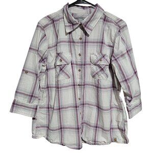 Carhartt Plaid Button Front Shirt Womens Size XL White Pink Roll Tab Sleeve